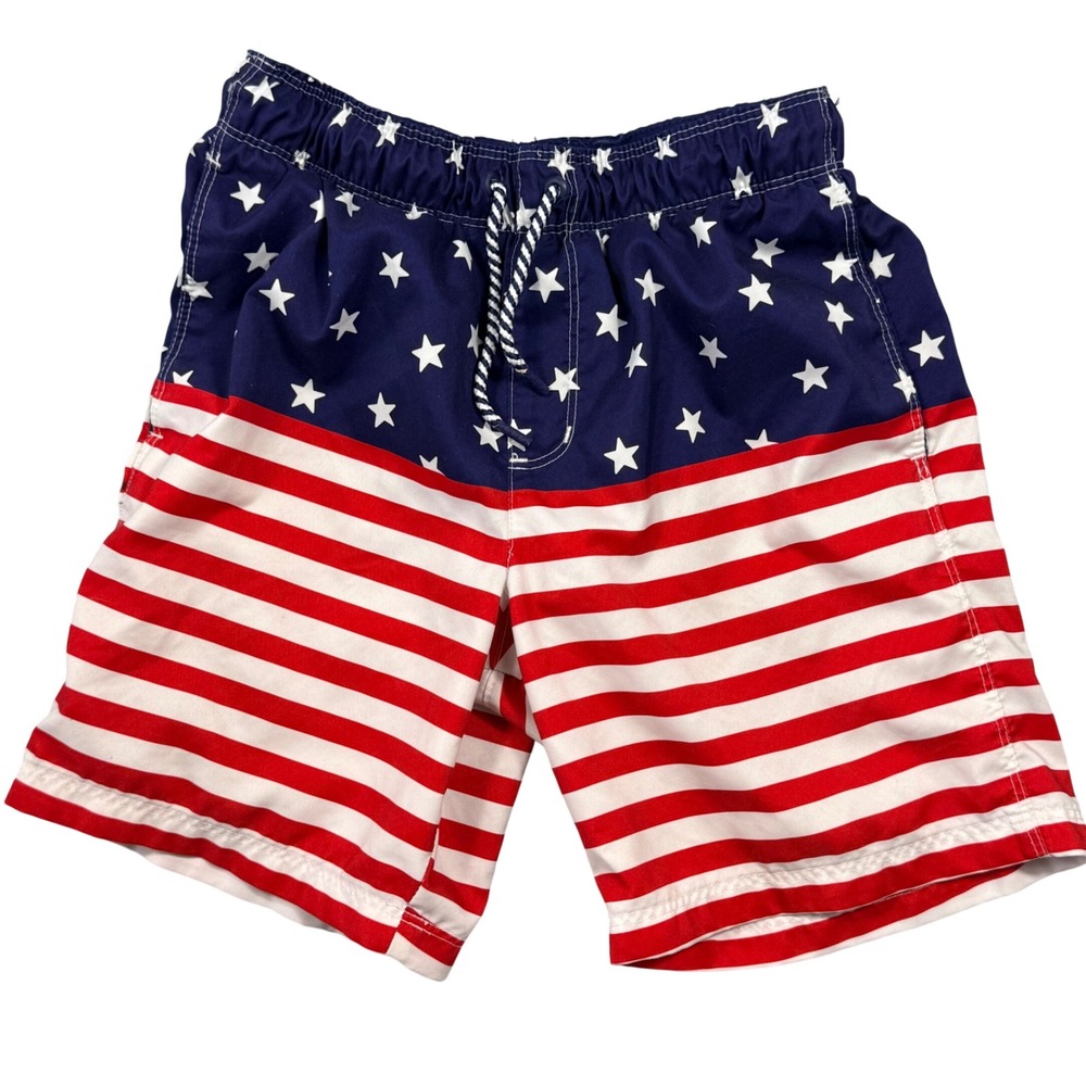 Cat & Jack Boys American Flag Swim Trunks Stars Stripes Red White Blue L 10/12